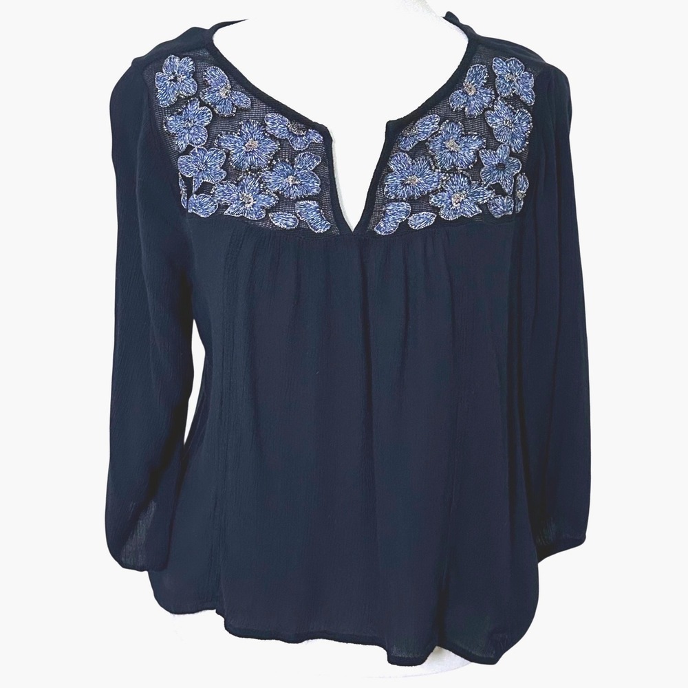 Abercrombie & Fitch Navy Blue Floral Embroidered Beaded Mesh Yoke Blouse Small‎